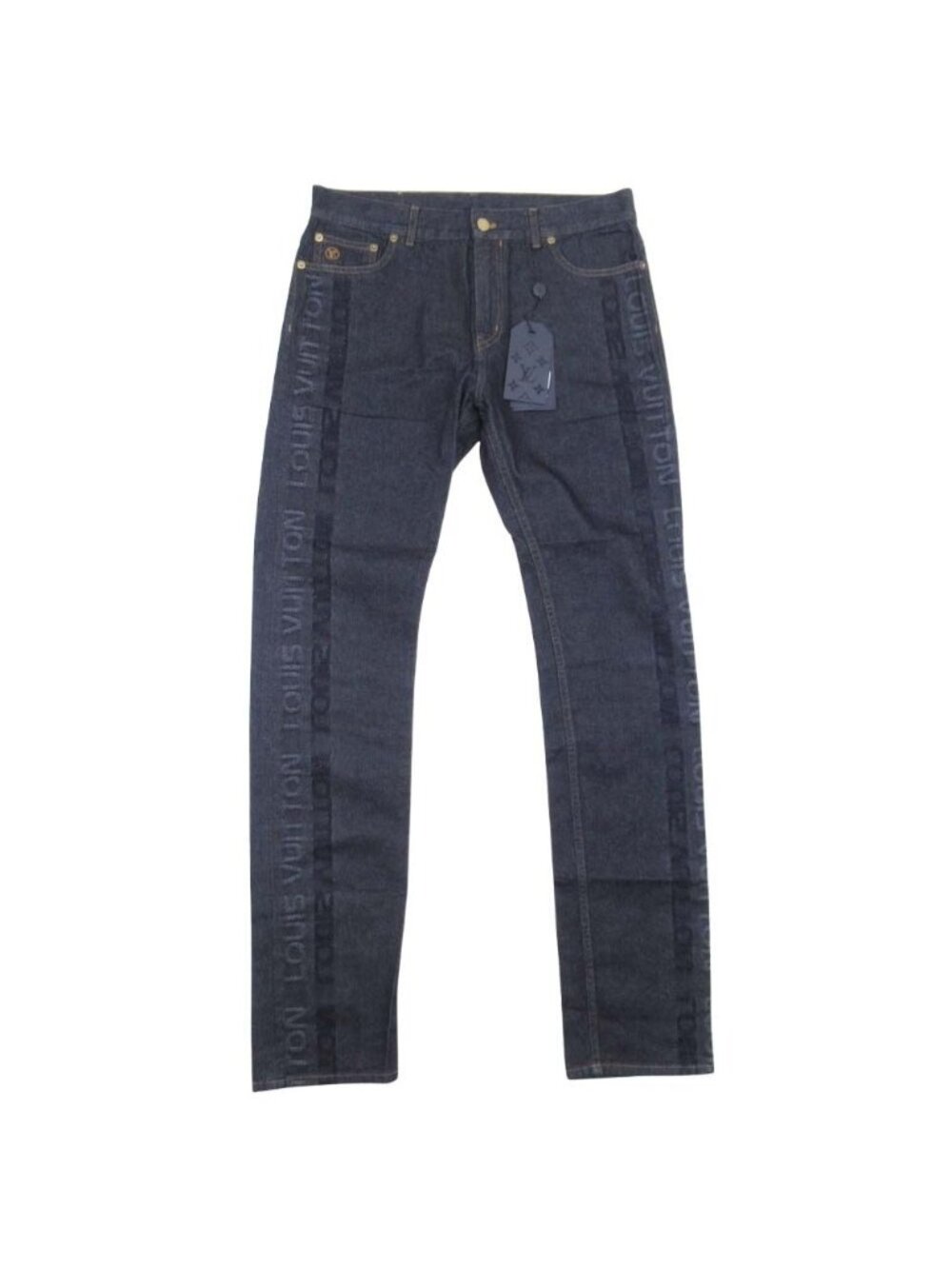 Louis Vuitton Signature Logo Jacquard Jeans Slim Fit Denim Pants 32 Indigo